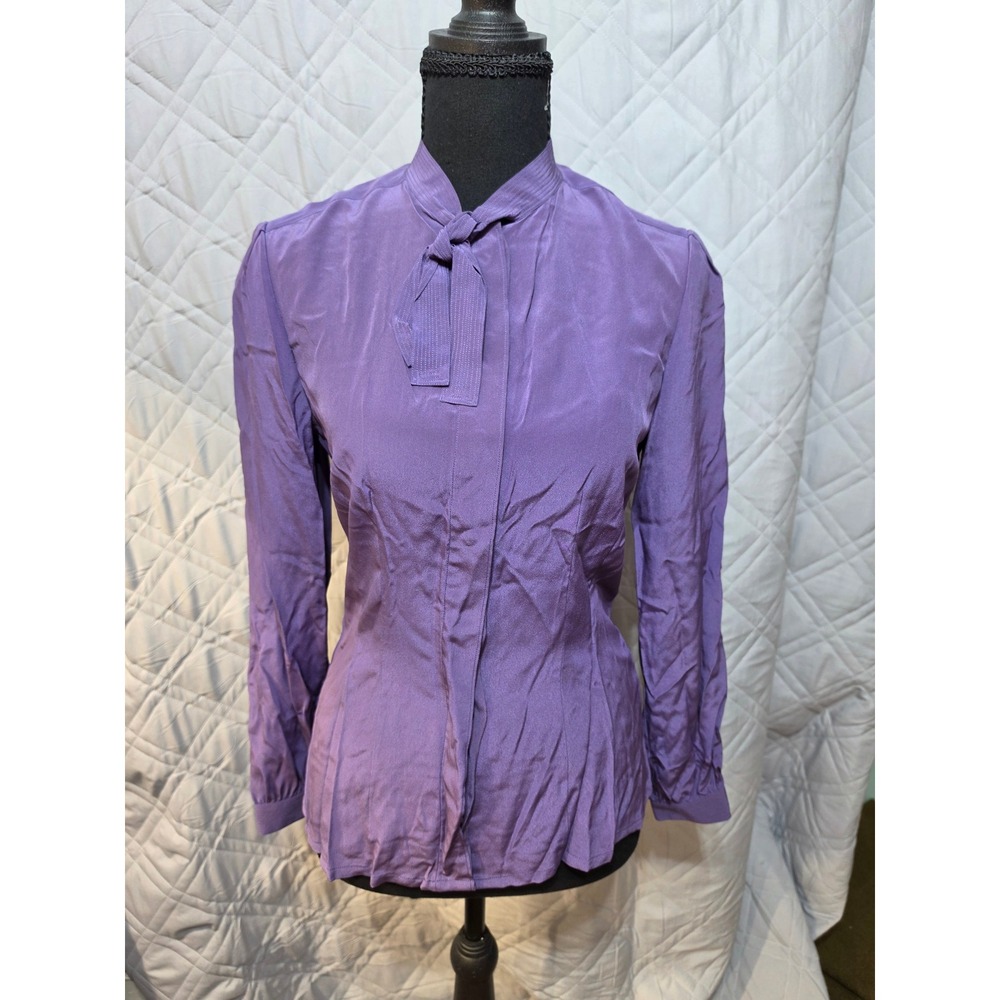 Bonwit Teller Vintage Purple 100% Silk Tie Neck Long Sleeve Blouse TopREAD‎